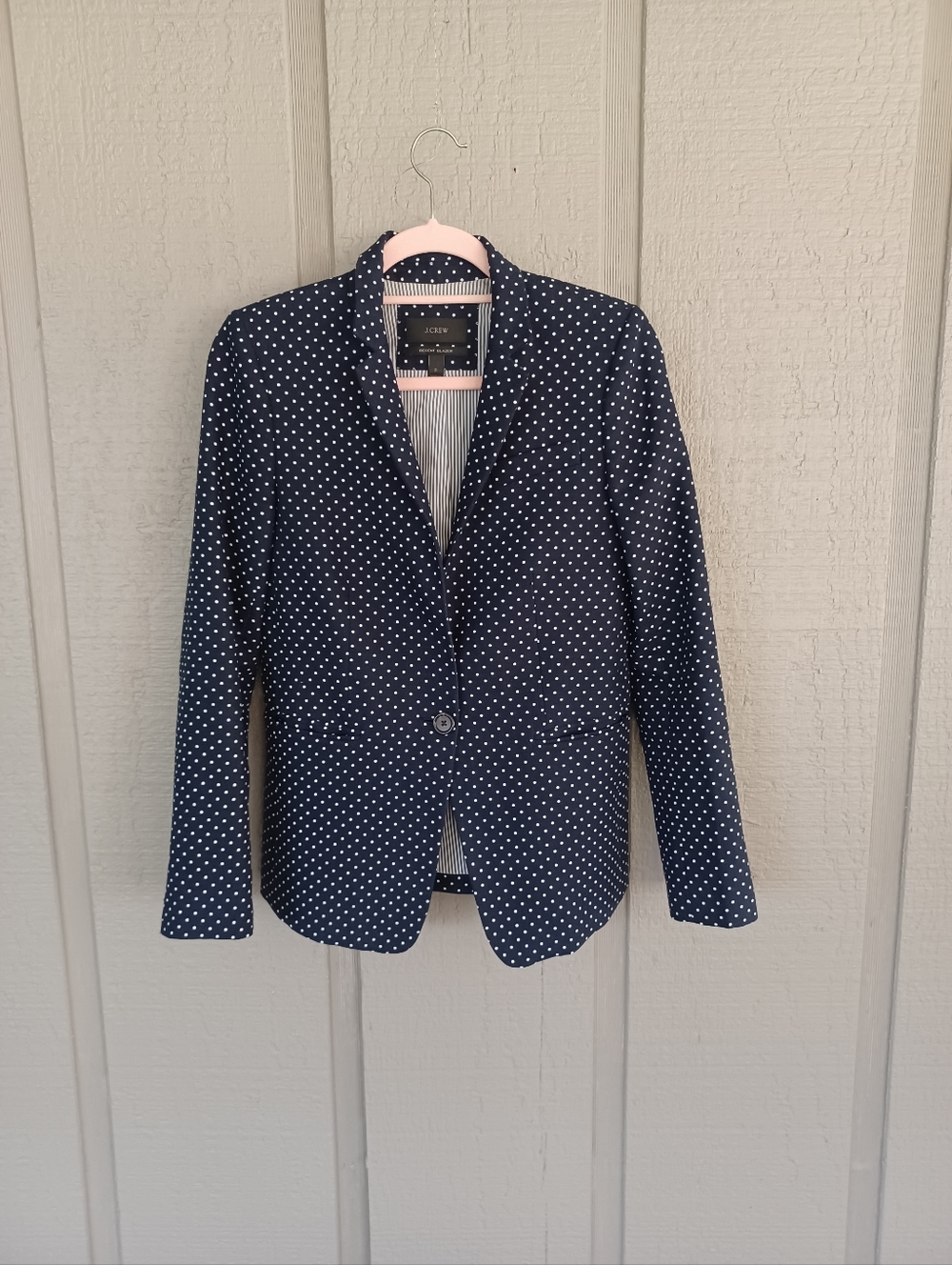 J Crew Regent Linen Blazer Size 2 Women Preppy Single Button Polka Dot Navy